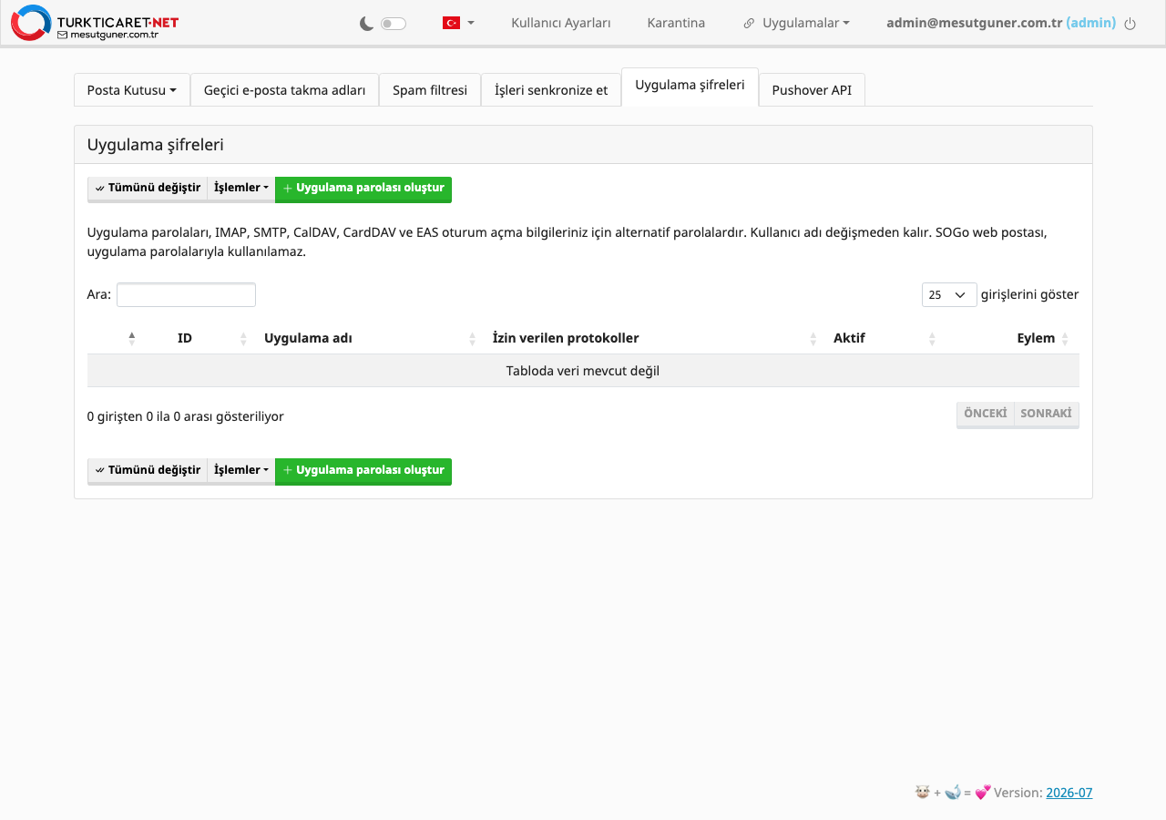 Uygulama şifreleri sekmesi