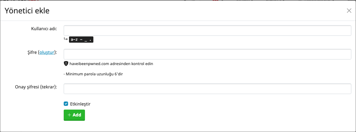Yönetici ekle penceresi